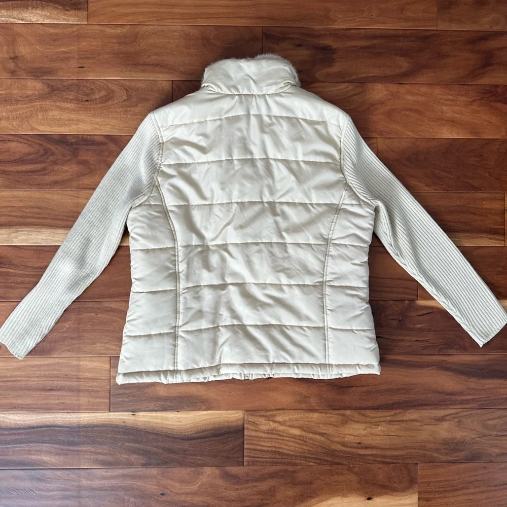 Jason Maxwell Cream Puffer Jacket With Sweater Sleeves & Faux Fur Collar Large - Picture 3 of 5